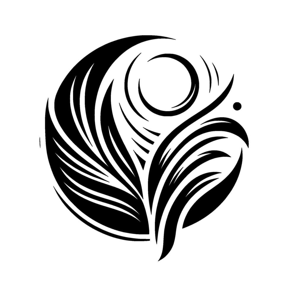 Abstract black and white circular featuring stylized feather and winglike shapes, incorporating a central circular element and a small dot, evoking a sense of fluidity. vector