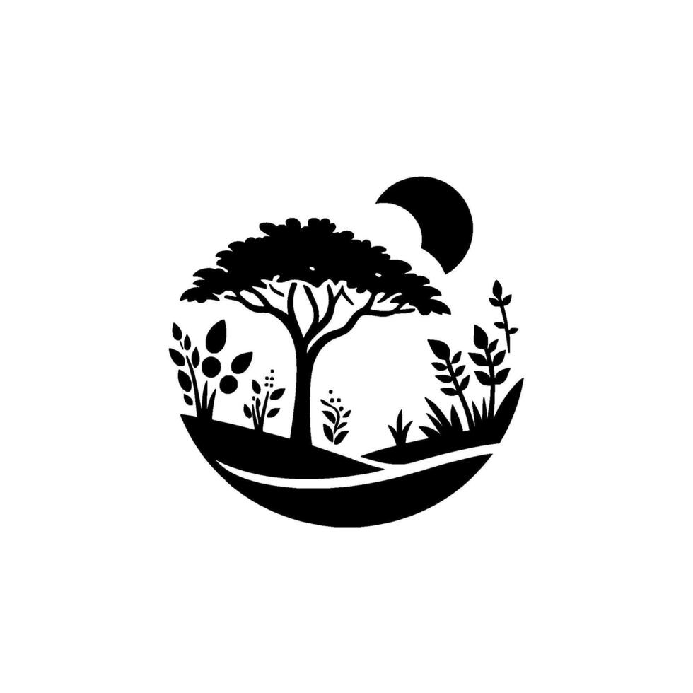 Minimalist Monochrome Silhouette A serene circular landscape featuring a tree, foliage, and a crescent moon in a clean . vector