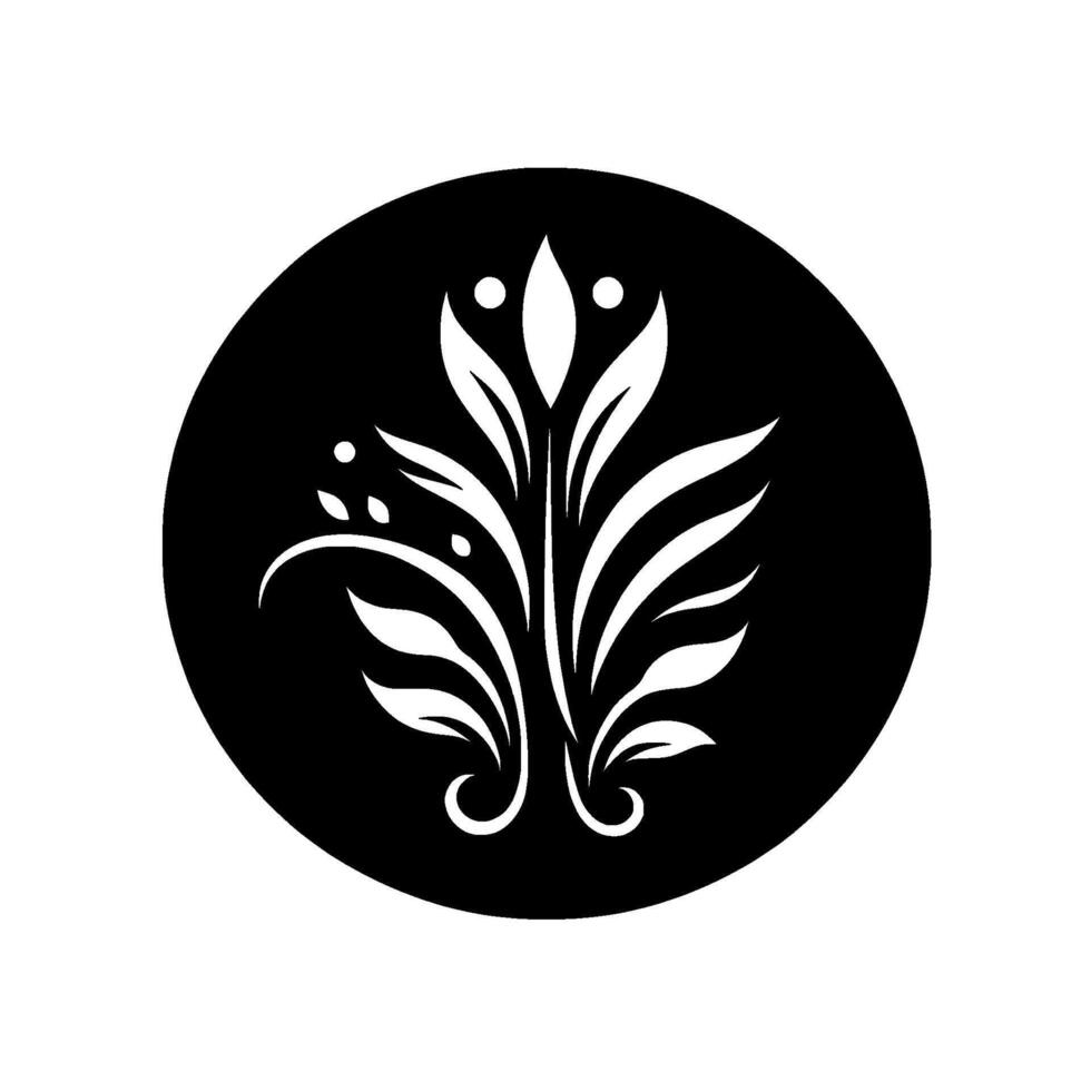 Elegant Floral Silhouette in a Black Circle A white stylized botanical , suggestive of leaves and blossoms, forming a symmetrical motif. vector