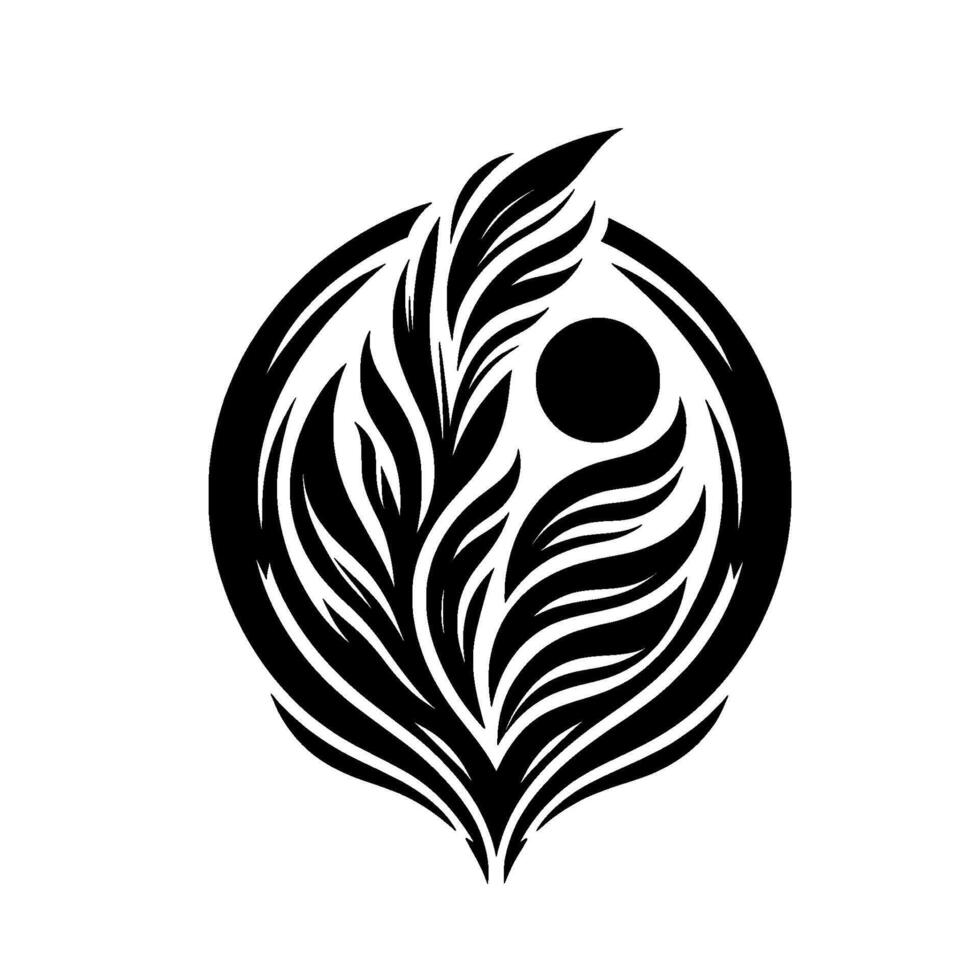 Abstract black and white featuring a central stylized feather with a small circle, encircled by a thick circular frame on white background. vector