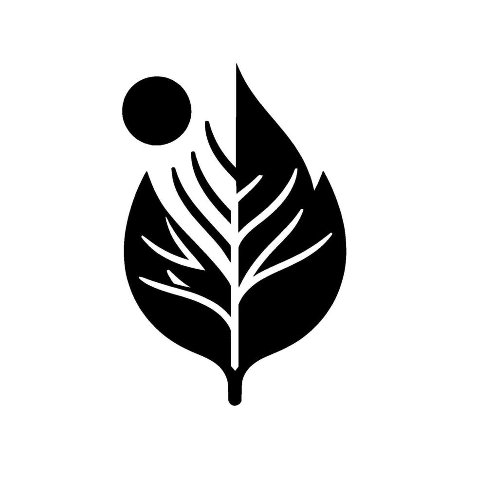 A stylized, minimalist illustration featuring a split leaf with a treelike vein structure and a black circle above it, set against a white background. vector