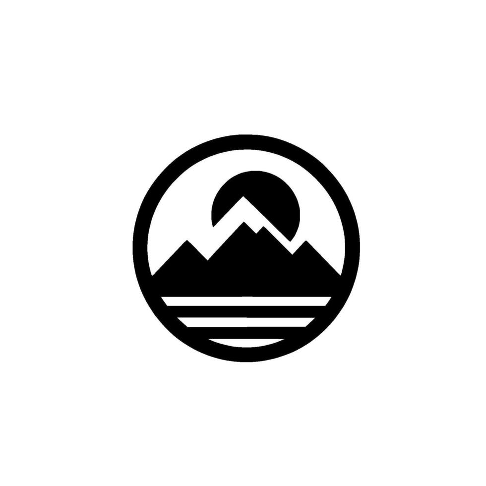 Minimalist Black and White Circular Emblem Mountains and Sun Above Water Lines. vector