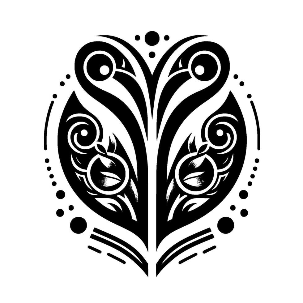 Symmetrical Black and White Abstract A stylized heartlike motif with floral and geometric elements, bordered by dots and lines, on a clean white background. vector