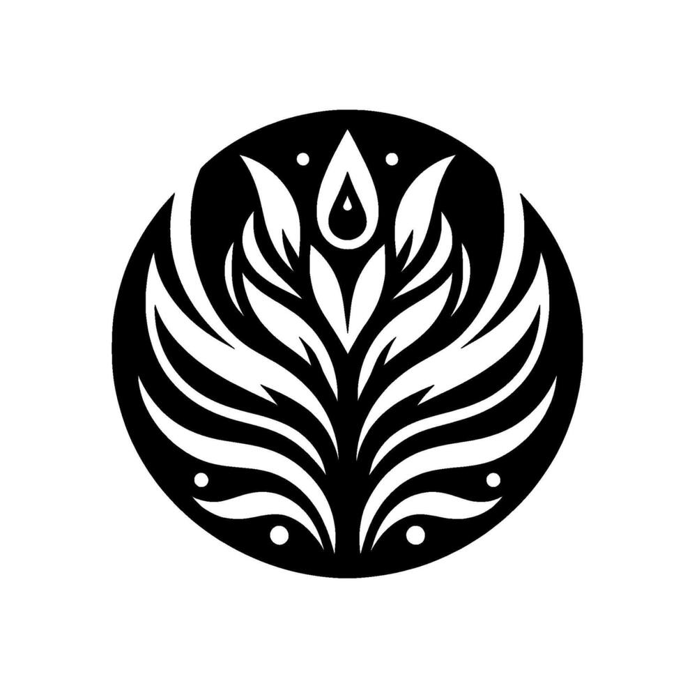 Elegant Black White Floral Crest Symmetrical Botanical Inside a Circular Frame with Drop Shape Detail. vector