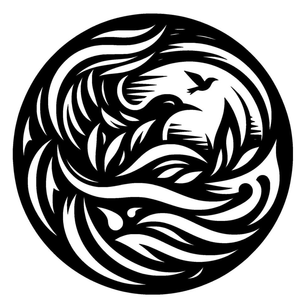 Serene Black and White Circular Composition Silhouette of a Bird in Flight, Nested in a Stylized Environment of Waves and Plants. vector