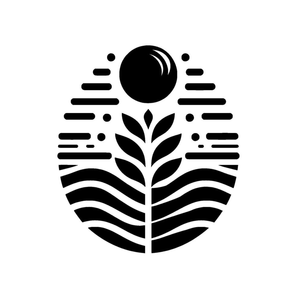 Black and white minimalist featuring a stylized plant within an oval, with sun, horizon lines, and dot accents, evoking a sense of nature and balance. vector