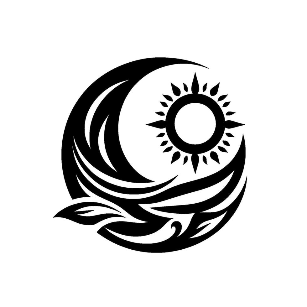 Black and white abstract featuring a crescent moon, a sunburst sun, and a stylized bird soaring through waves, perfect for a spiritual brand. vector