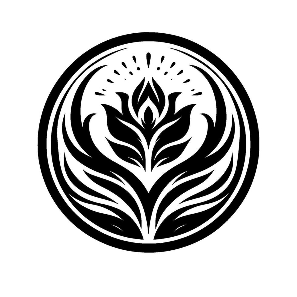 Elegant Black and White Floral Emblem in a Circle, featuring stylized lotuslike with radiating elements. vector