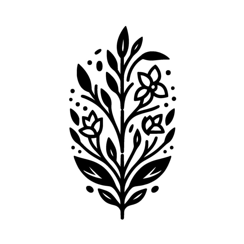 An elegant black and white illustration of a stylized floral , featuring leaves, buds, and flowers arranged in an oval composition against a clean white background, evoking a sense of natural gr vector