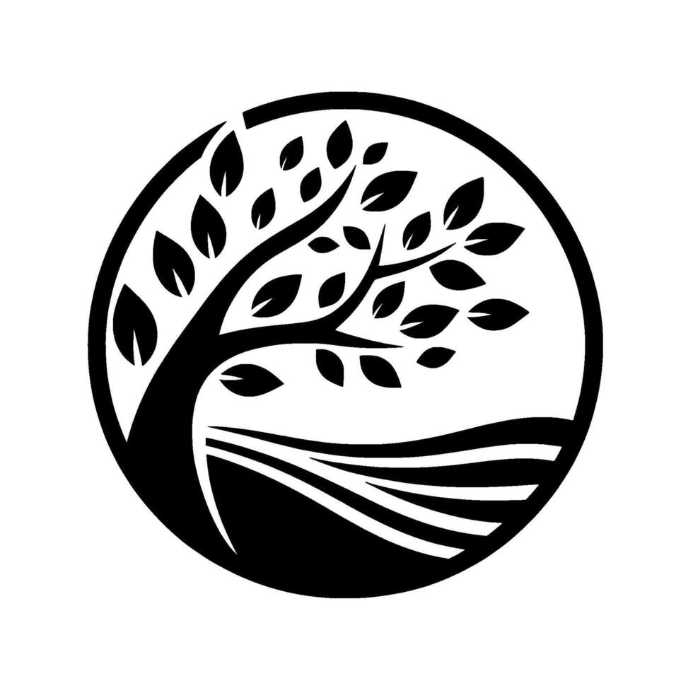 A minimalist black and white circular featuring a stylized tree with leaves and a flowing landscape within the frame, symbolizing growth and nature. vector