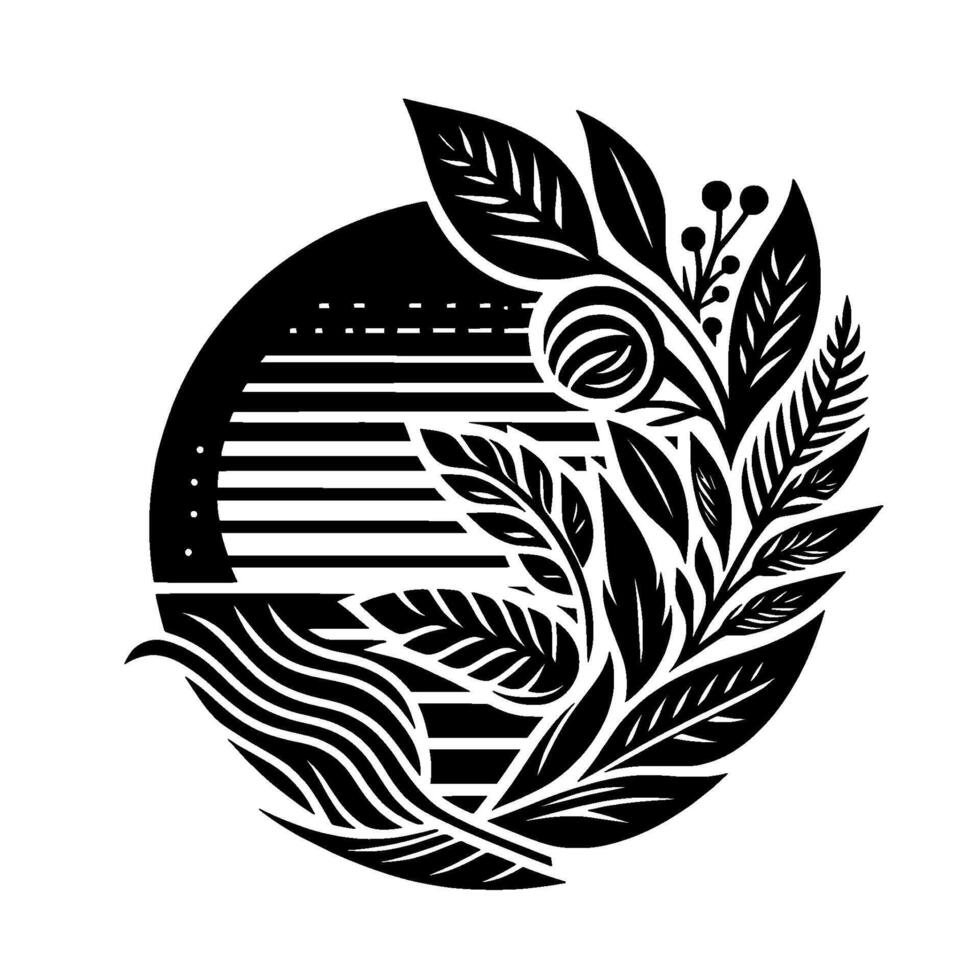 Elegant monochrome botanical featuring stylized leaves, floral elements, and geometric patterns within a circular frame, evoking organic harmony. vector