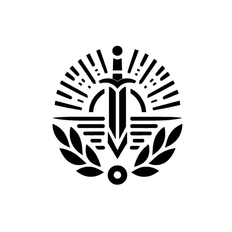 A stark black and white emblem, featuring a central sword flanked by laurel leaves, surrounded by stylized sunburst rays, creating a symbol of strength and honor. vector