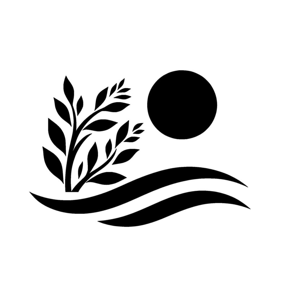 Minimalist black and white nature scene with stylized foliage, a rising sun, and flowing lines evoking water or land, against a textured white backdrop. vector