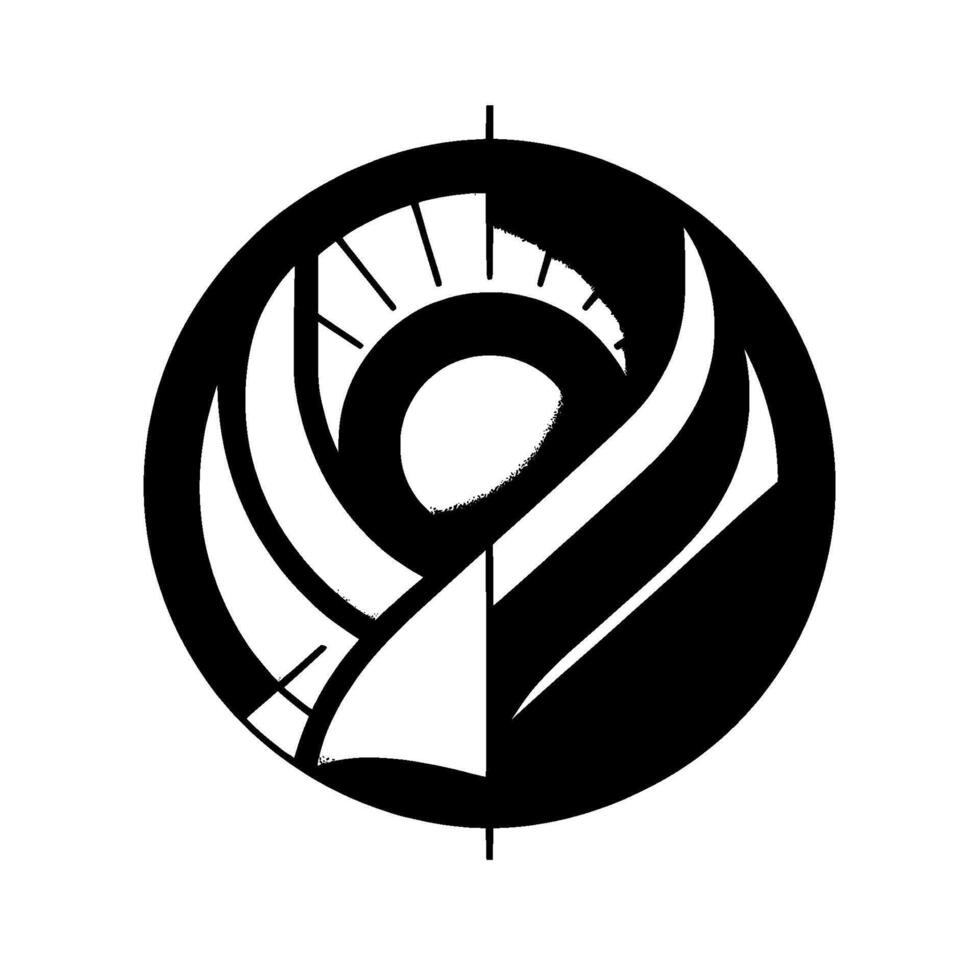 A stark, geometric, black and white featuring a circular composition with layered abstract shapes, emanating rays, and a central light source. vector
