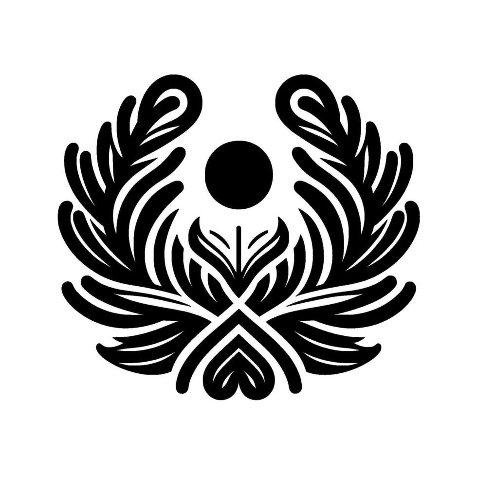 A symmetrical black and white floral emblem featuring a central orb, flanked by symmetrical featherlike structures, and intertwined plant elements, on a plain white background. vector