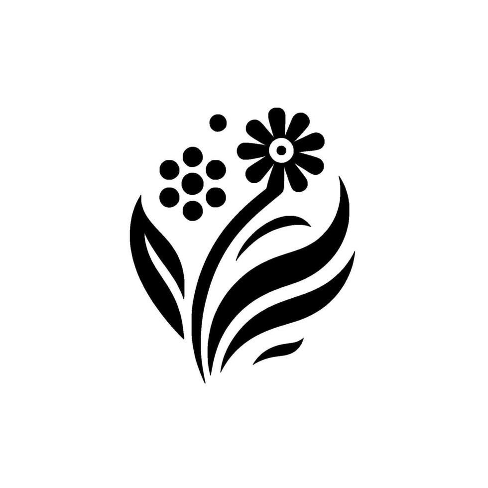 Intricate black and white floral , featuring a stylized flower, cluster of berries, and flowing leaves, showcasing minimalist beauty against a white background. vector