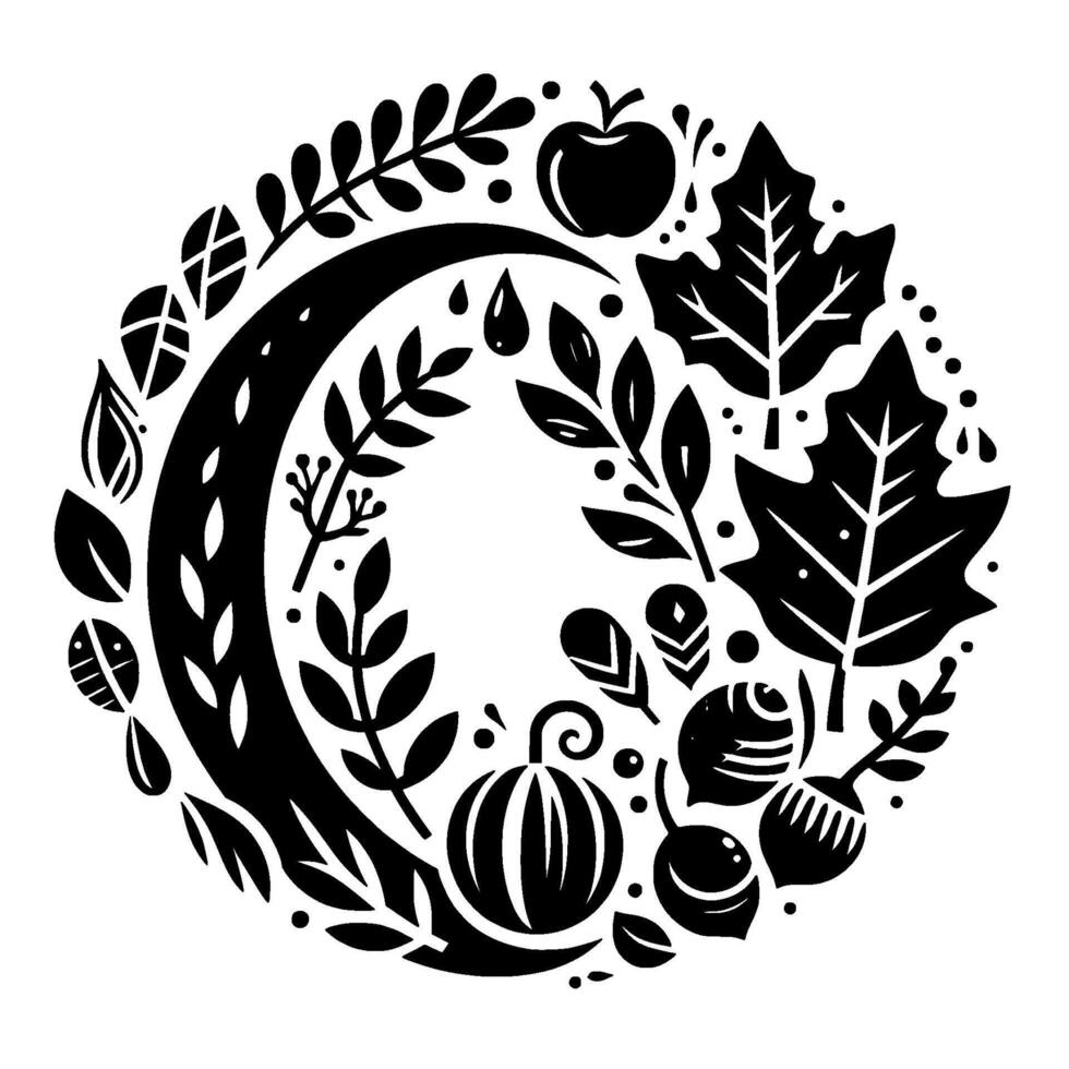 Black and white autumn wreath composed of leaves, fruits, and foliage, forming a circular on a white background. vector