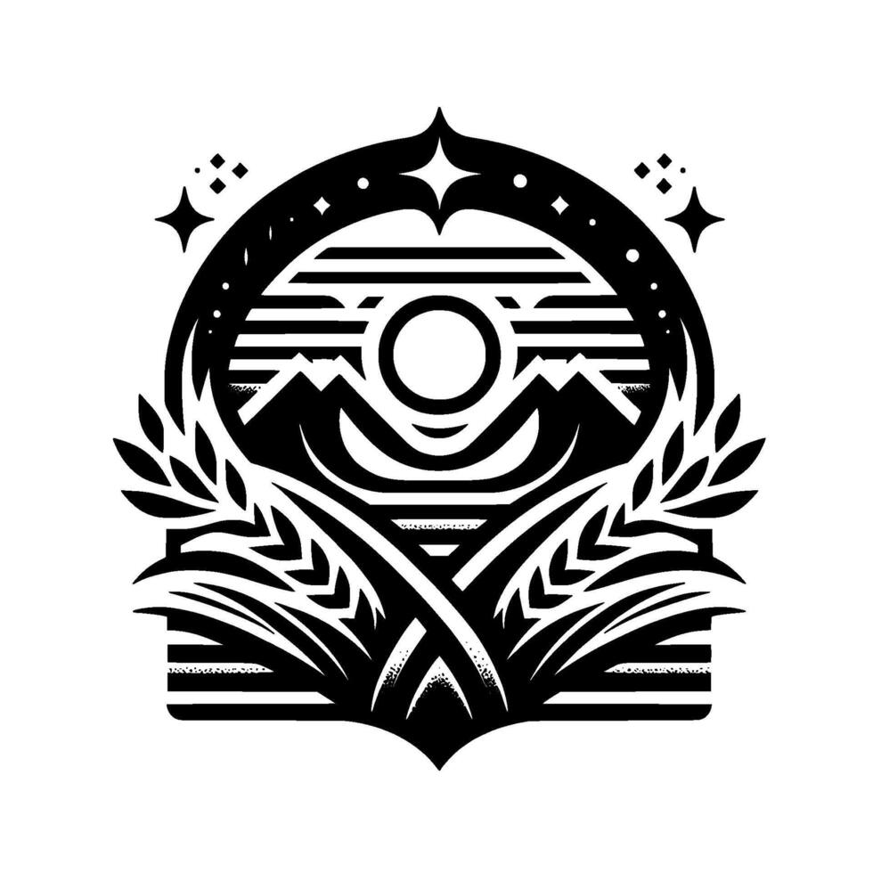 Abstract Black and White Emblem Mountain Sunrise with Floral Frame, Stars, and Arch. vector