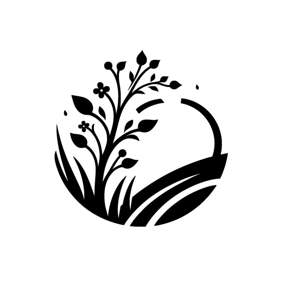 A monochrome, stylized illustration depicting a blossoming tree and grassy field enclosed within a partial circle, against a clean white background. vector