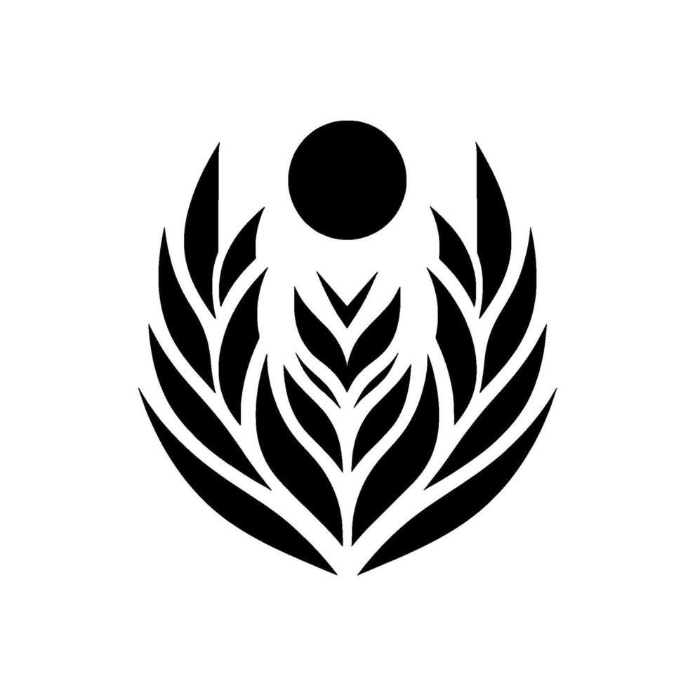Abstract, symmetrical black and white resembling a stylized sun or seed motif. Composed of leaves and a circular central element. vector