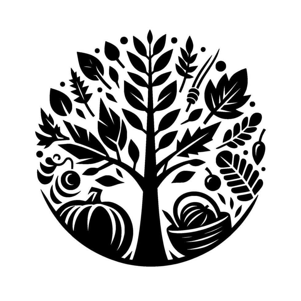 Circular black and white illustration of a stylized autumn harvest scene, featuring a tree, pumpkin, basket of fruit, and foliage. vector