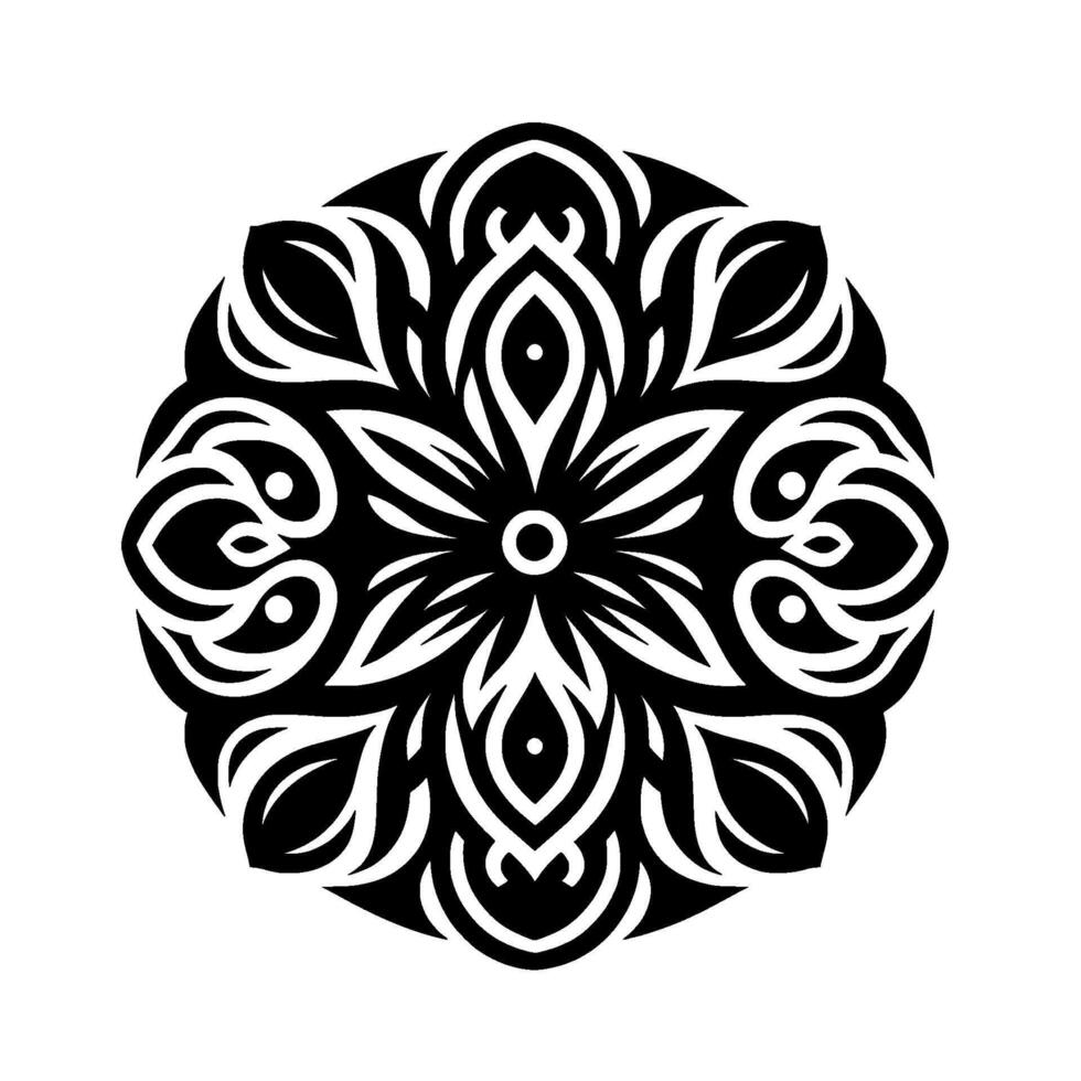 Intricate black and white symmetrical mandala with layered petal and leaf motifs, featuring central dot and overall circular composition. vector
