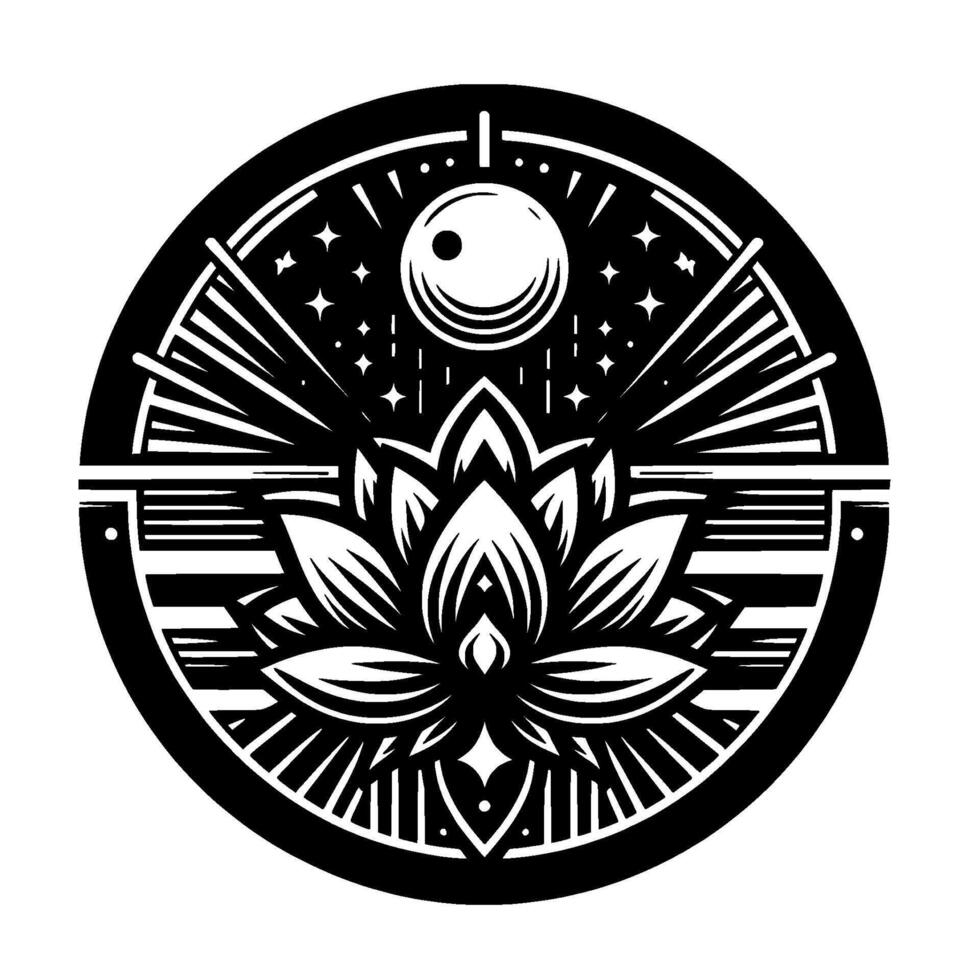 Intricate black and white circular a lotus flower blooming under a moonlit starry sky within geometric framework. vector