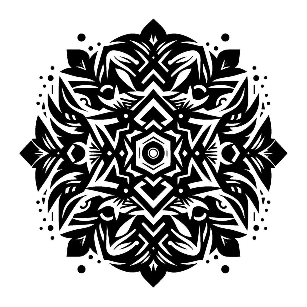 Intricate symmetrical black and white mandala pattern with geometric shapes and stylized floral elements on a white background, creating a sense of balance and harmony. vector