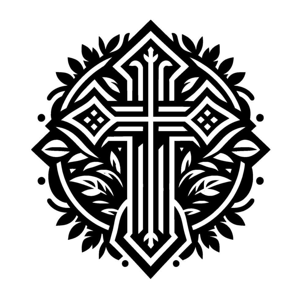A meticulously designed black and white emblem featuring a cross at its center, surrounded by intricate geometric shapes and stylized foliage, framed within a circular border. vector