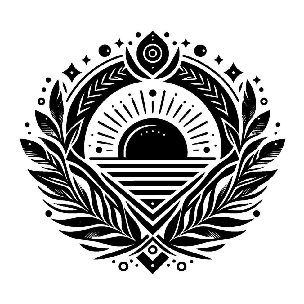 Intricate Black and White Geometric Mandala Sun, Leaves, and Celestial Elements within a Symmetrical Circular , Evoking Peace. vector