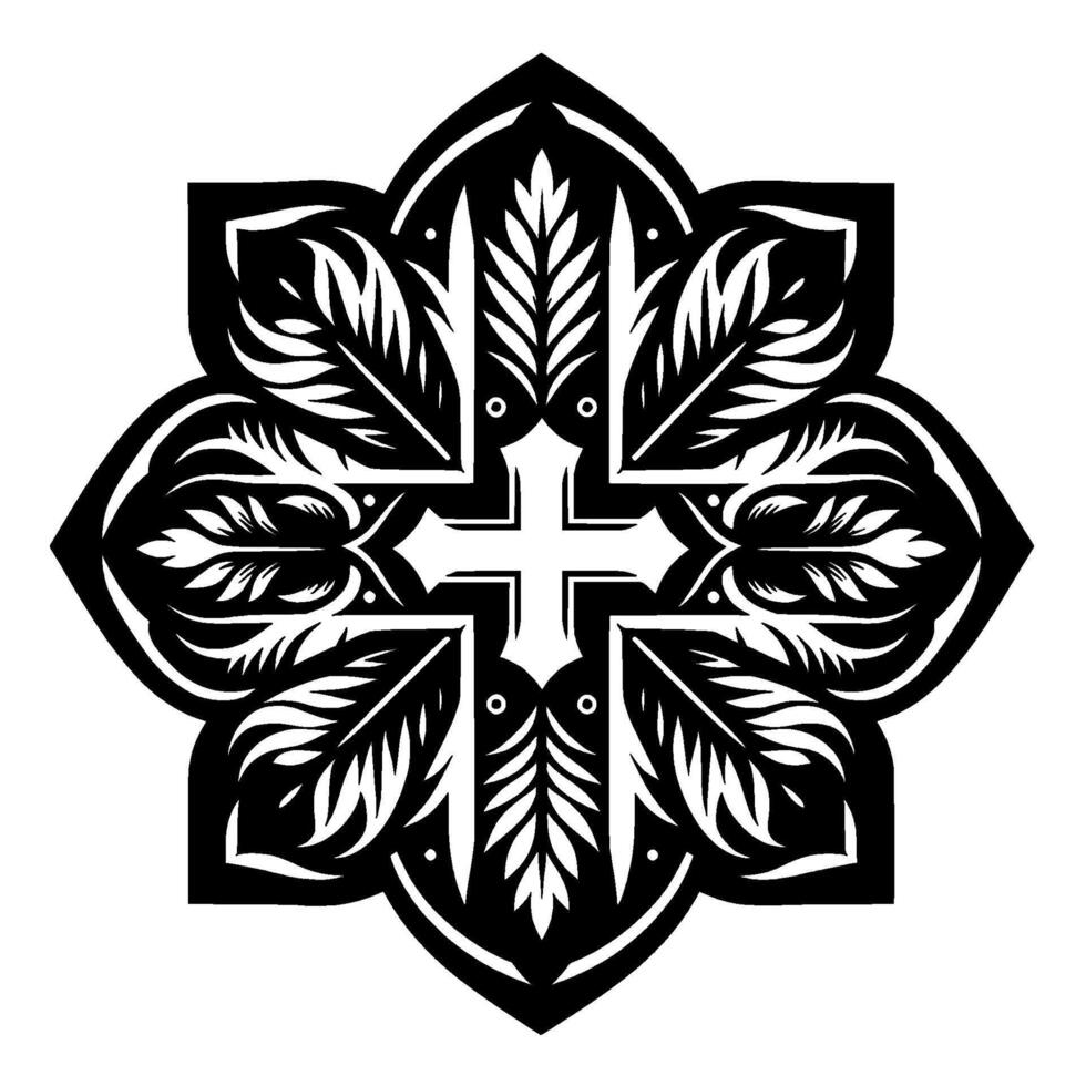 Ornate Black and White Floral Cross Mandala with Leafy Elements and Geometric Symmetry on White Background. vector