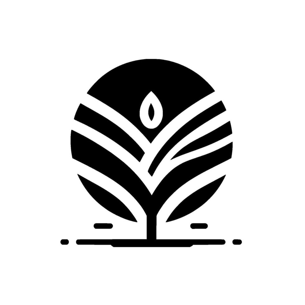 A minimalist black and white representing a stylized tree within a circle, with an organic shape at the top resembling a drop or a seed, conveying growth. vector