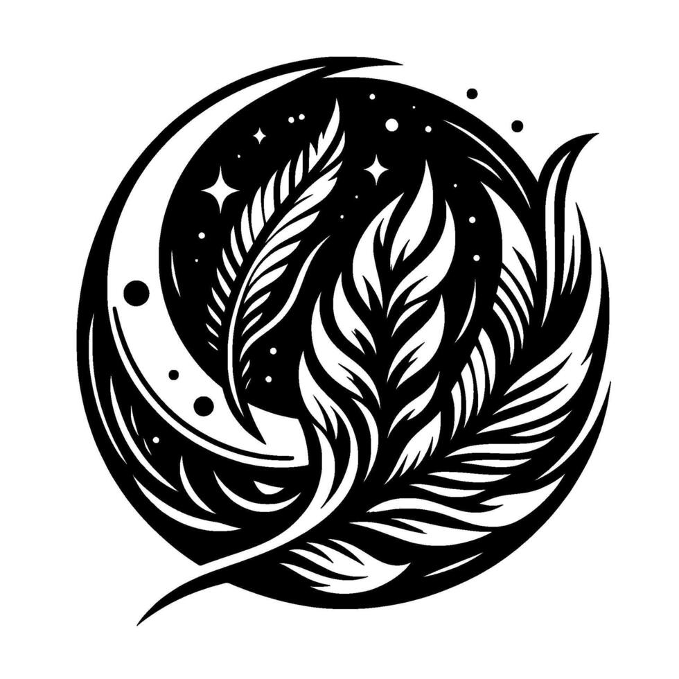 A stylized black and white circular featuring feathers and a crescent moon, nestled in a starlit background, evocative of peace and tranquility. vector