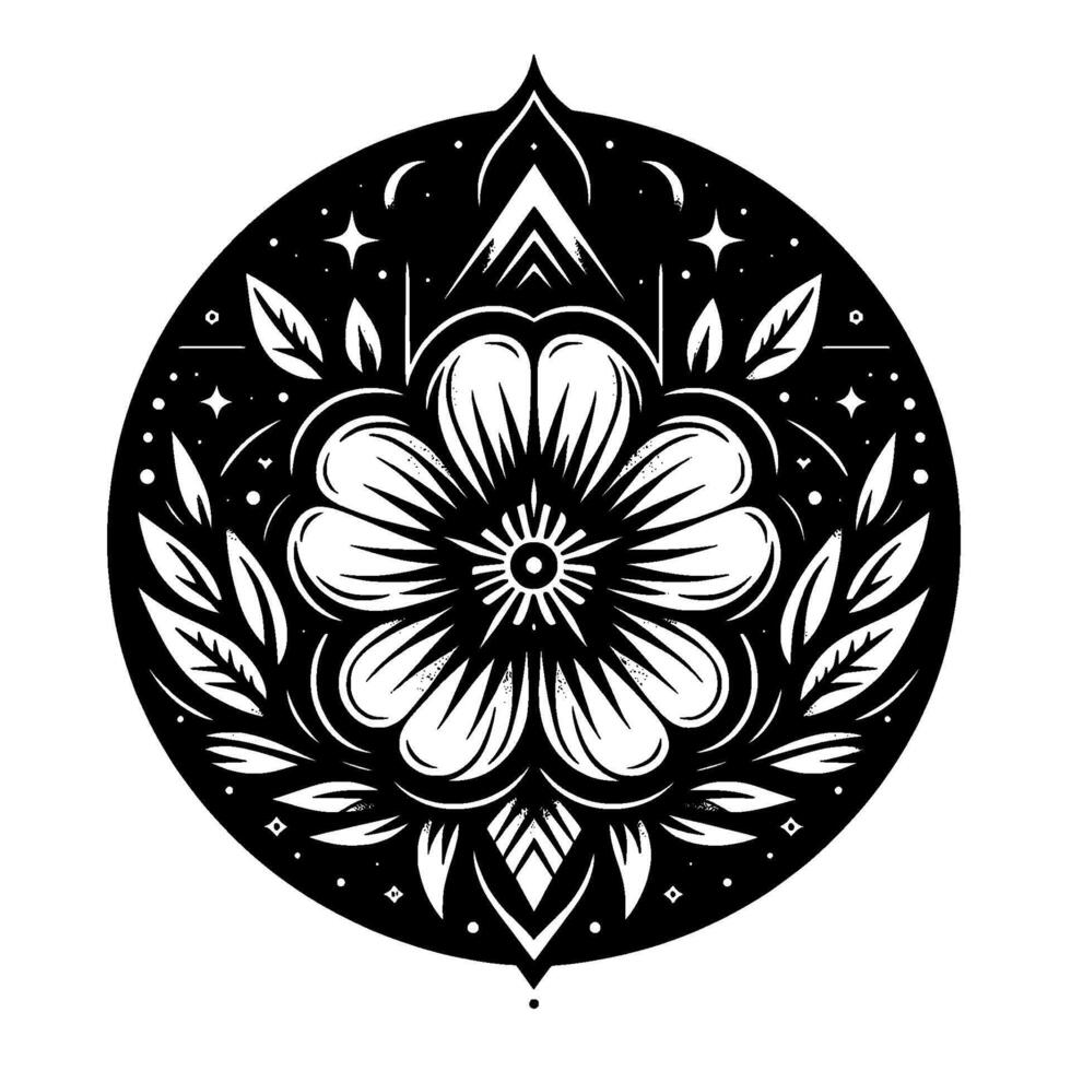Intricate Black and White Floral Mandala with Starry Night Accents, Detailed Petals, and Ornamental Foliage within a Circular Frame, evoking a sense of serenity and balance. vector
