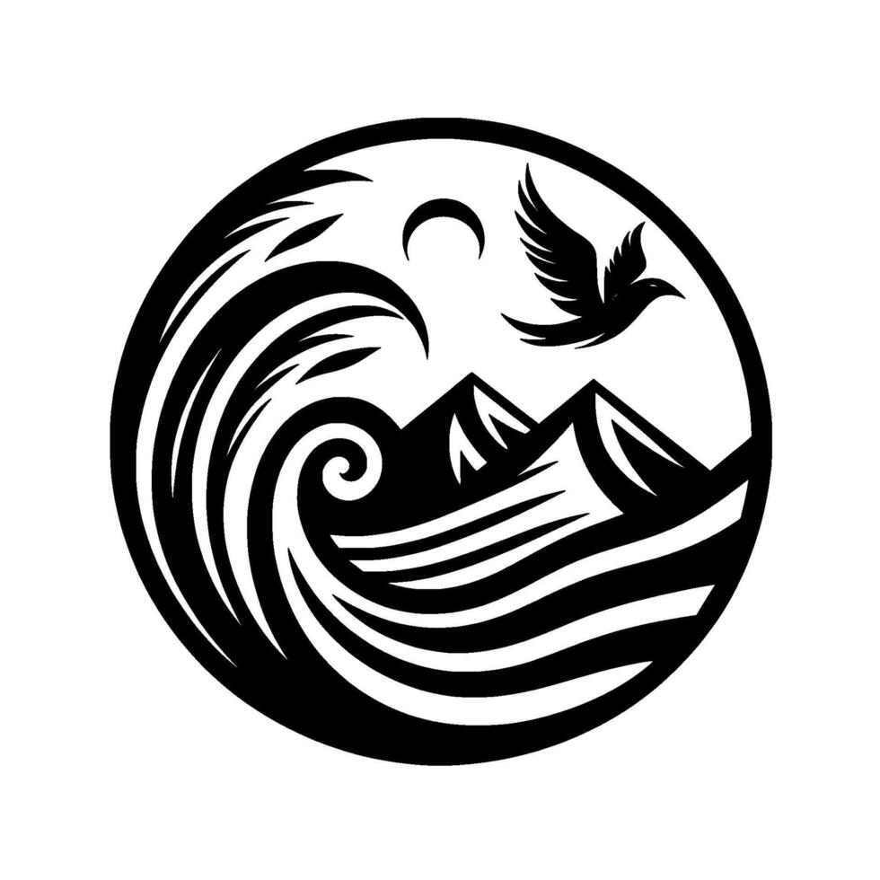 Symbolic Black and White Circular Bird in Flight over Mountains and Waves, Featuring Crescent Moon vector