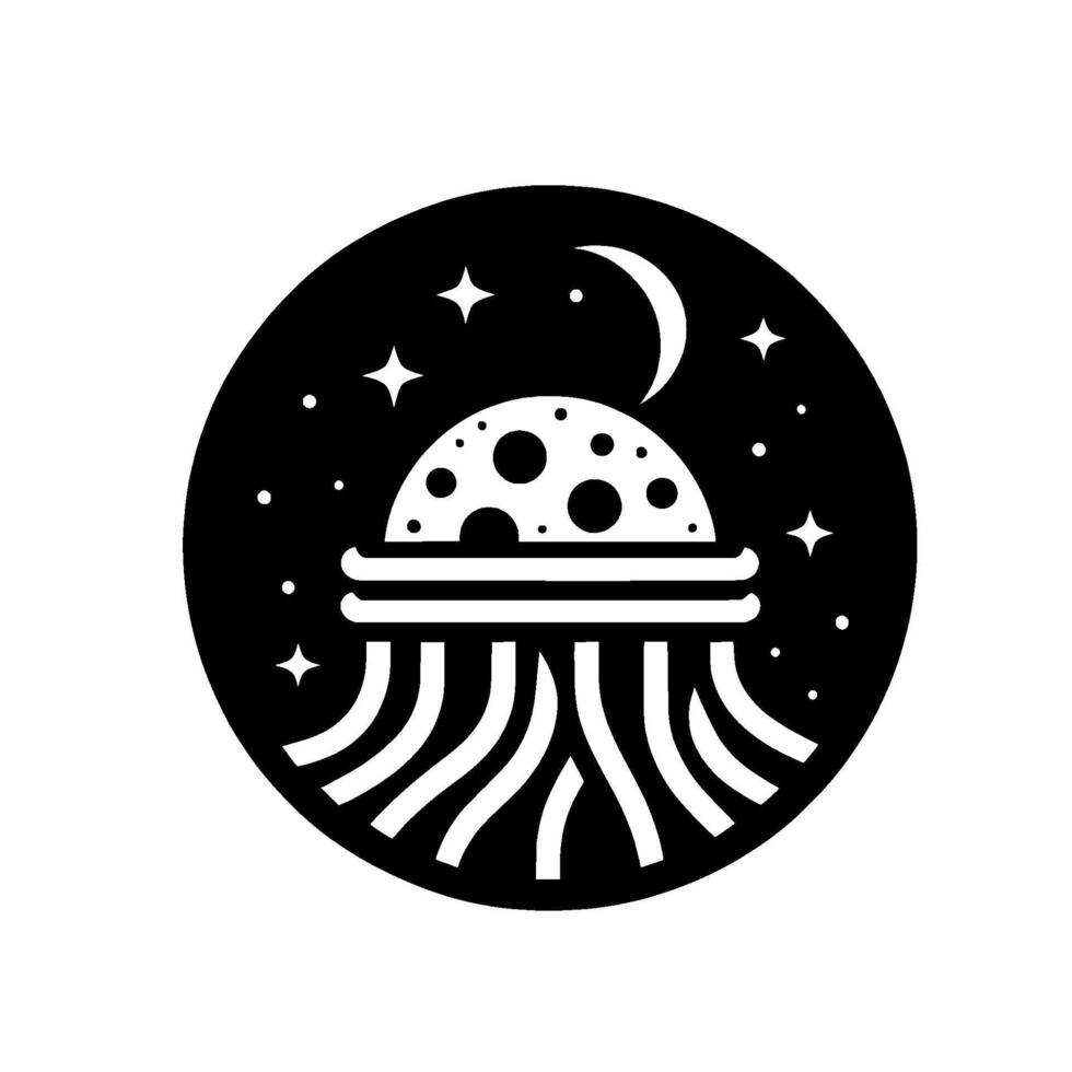 Black and white cosmic illustration of a whimsical space jellyfish, surrounded by stars and a crescent moon within a circular frame. vector