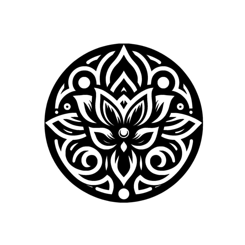 Intricate Black and White Mandala Featuring a Central Floral Motif Within a Circular Frame, Illustrating Symmetry and Decorative Detailing. vector