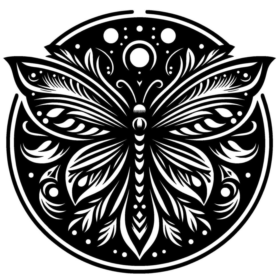 Intricate Black and White Butterfly Mandala, Geometric Pattern, Symbolic and Decorative vector