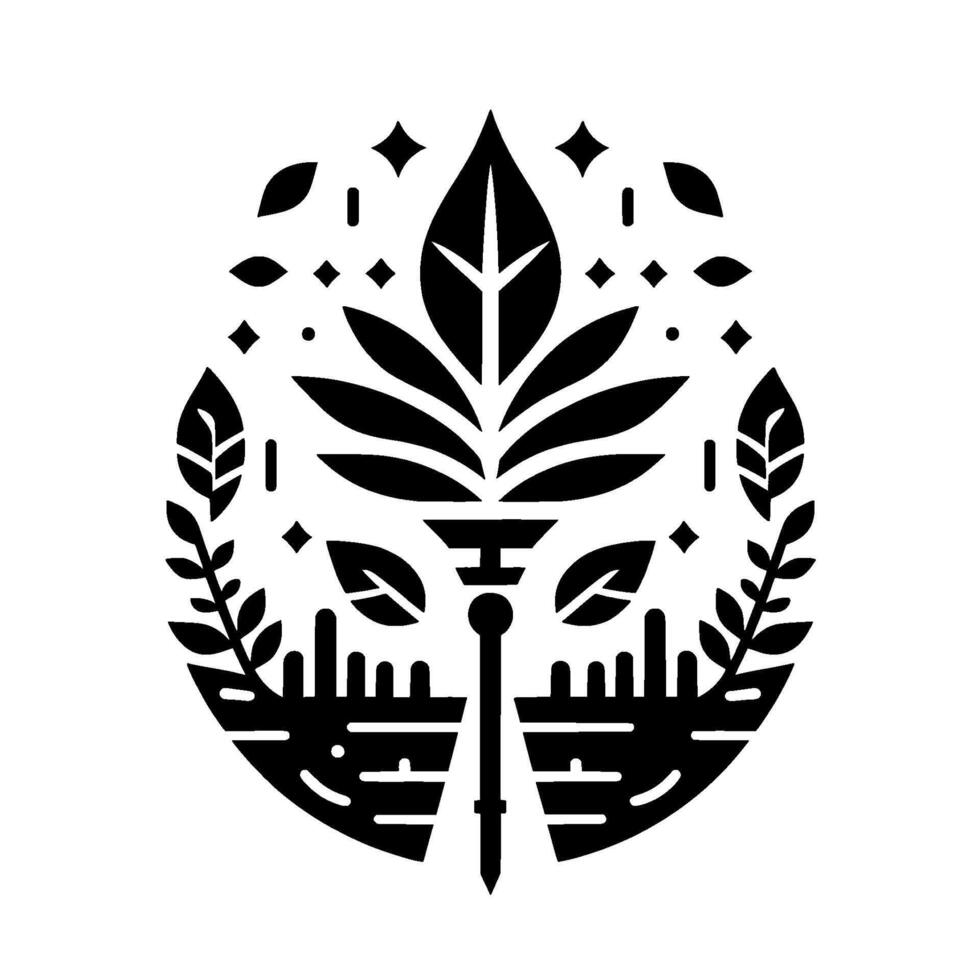 A symmetrical, black and white emblem featuring a stylized leaf composition framed by foliage and geometric elements, reminiscent of a crest or natureinspired . vector