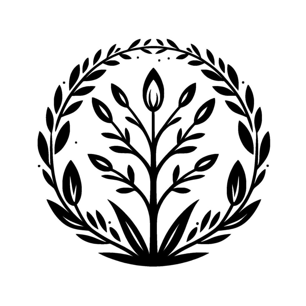 A stylized, monochromatic botanical emblem, showcasing a symmetrical tree and leaves within a circular wreath, exuding natural elegance. vector