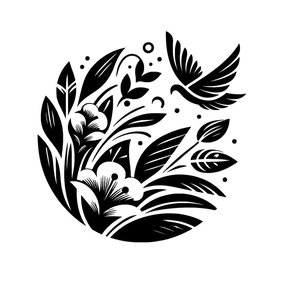 Circular Black White Floral Illustration with a Flying Bird, Leaves, and Decorative Dots. vector