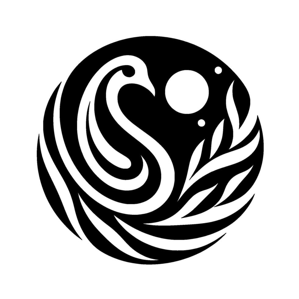 Elegant Black and White Circular Featuring a Swan Silhouette, Moon, and Leaves. vector