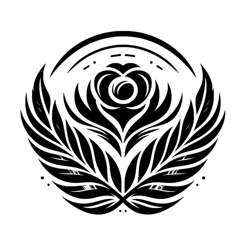 Intricate Black and White Floral Crest , Symmetrical Rose and Leaf Motif, Decorative Border vector