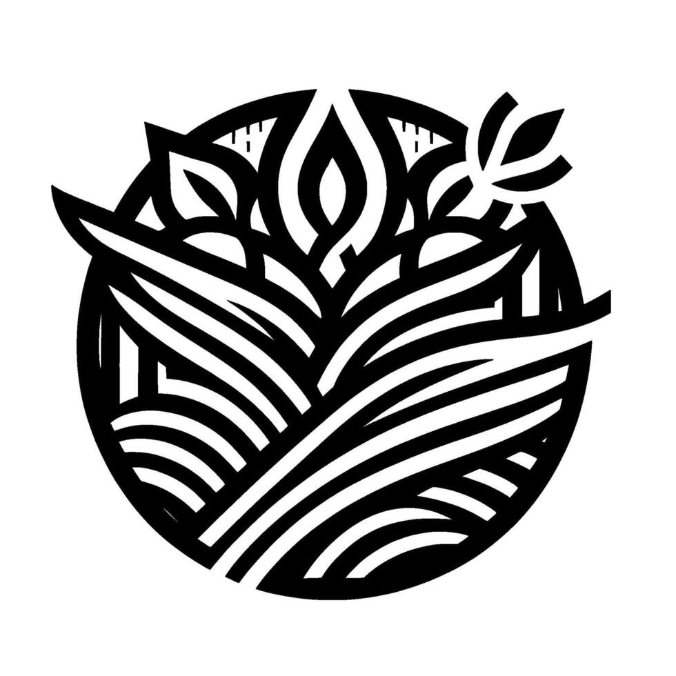 Stylized Black and White Floral Emblem Within a Circle, Representing Growth and Nature, with Line Art Aesthetic. vector
