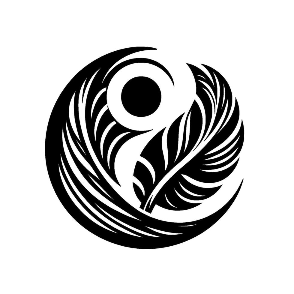 Black and white stylized feather and circle , resembling a symbol or , with intricate details. vector