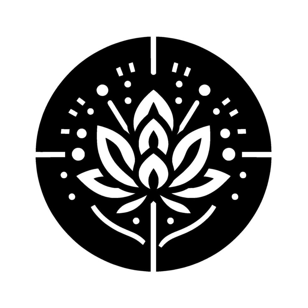 Monochromatic Lotus Mandala A stylized black and white illustration featuring a lotus flower enclosed within a circular frame adorned with geometric embellishments, creating a sense of balance and se vector