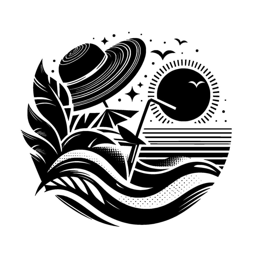 Black and White Circular Illustration Beach scene with sun, hat, drink, waves, birds, and foliage. Summer vacation symbol. vector