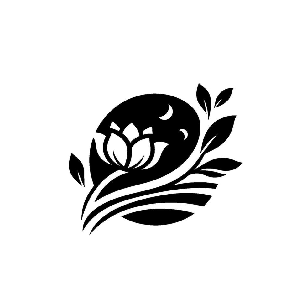 Elegant Monochrome Illustration of a Lotus Blossom, Crescent Moons, and Foliage Within an Oval Composition, Evoking Serenity. vector