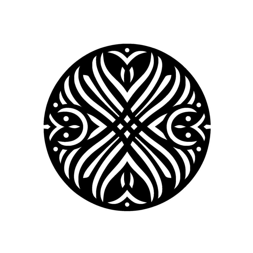 A symmetrical, minimalist black and white in a circular composition, featuring stylized floral and linear patterns, radiating outward from a central point. vector