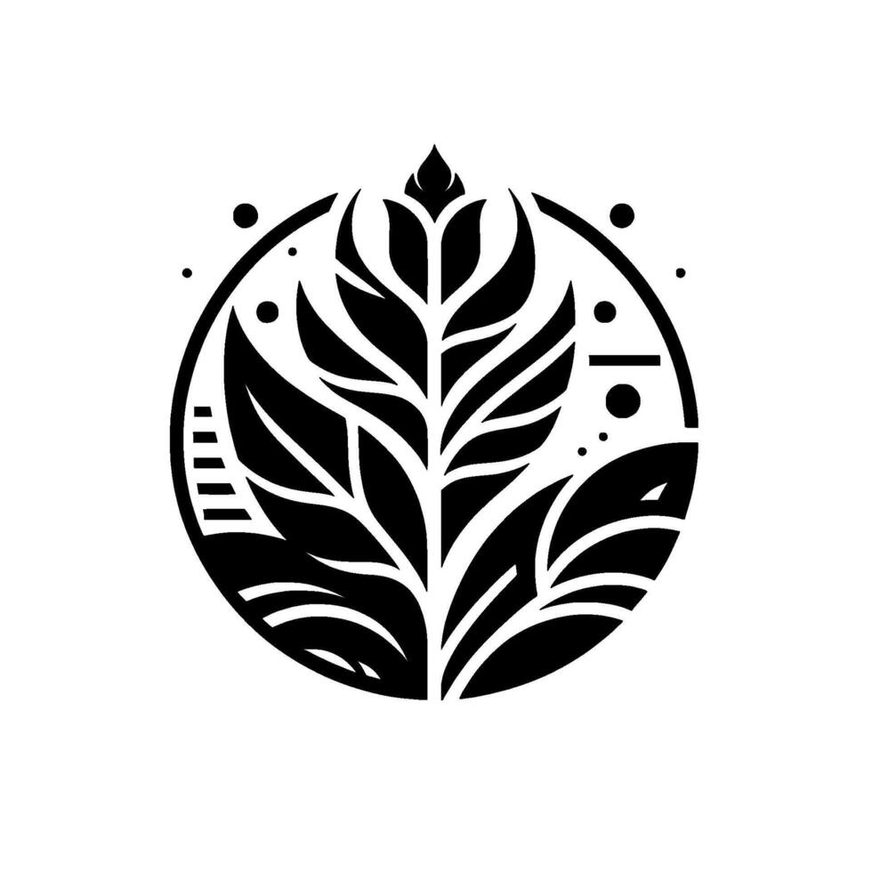 Minimalist Black and White Emblem of a Plant with Curved Leaves, Enclosed in a Circle and dotted with circles and lines, representing growth and balance. vector
